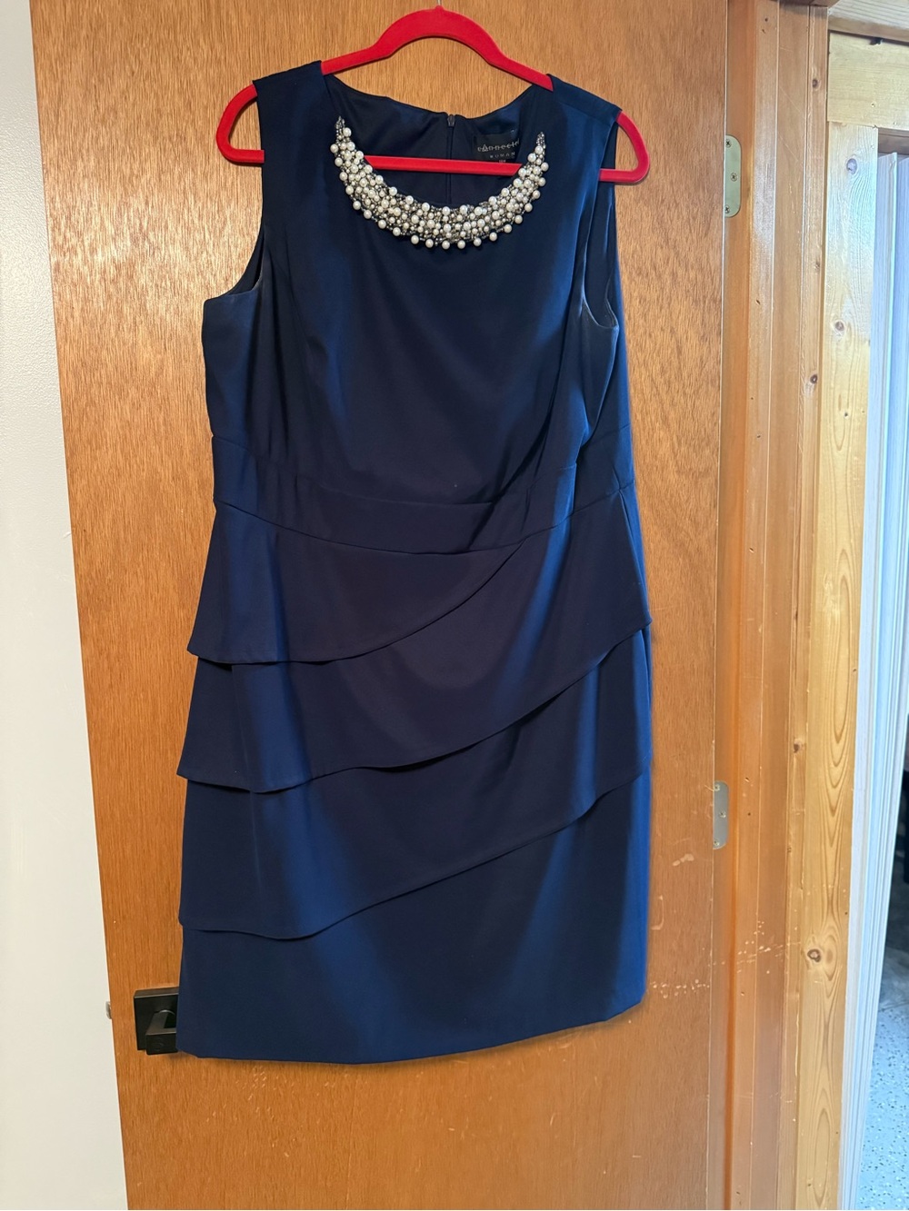 connected apparel Navy Sleeveless Tiered Sheath Dress with Pearl Bib Accent